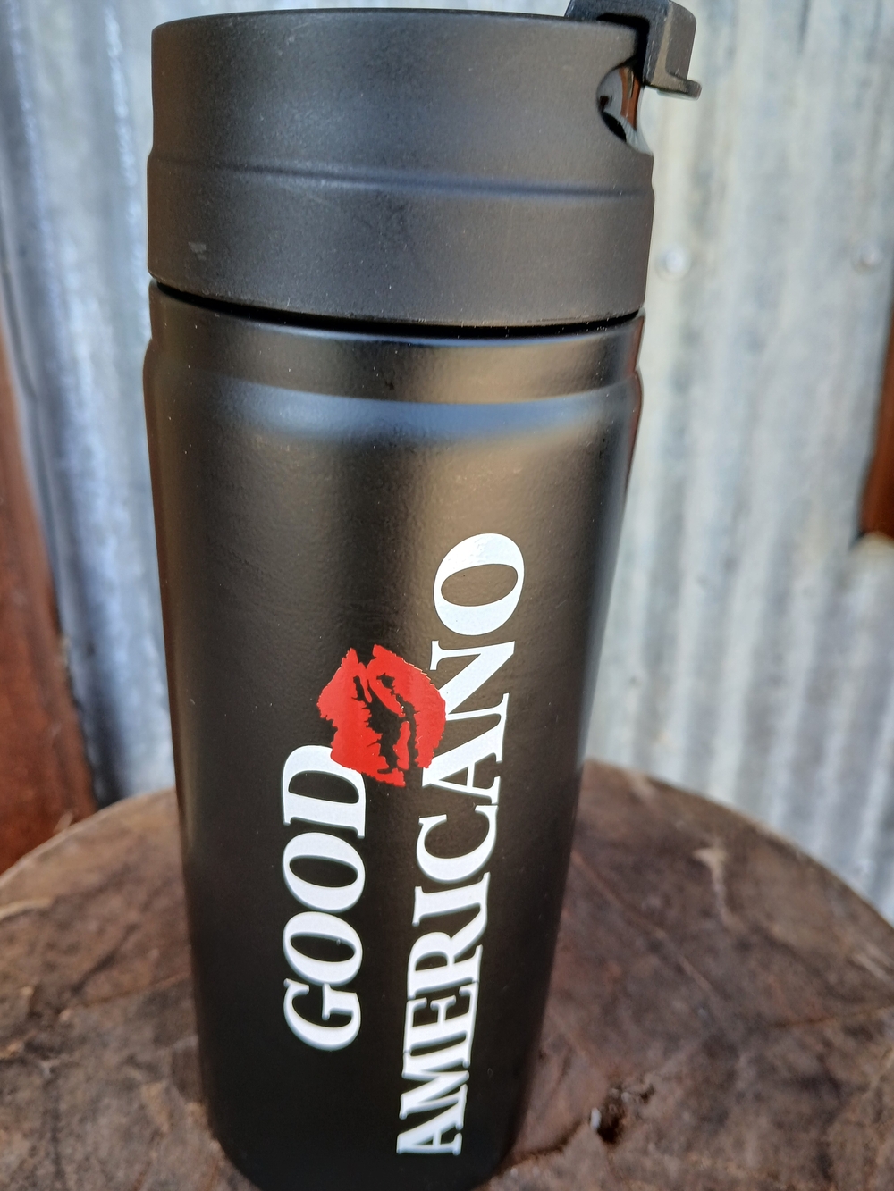 Good Americano Matte Black Travel Mug with Red Lip Print Coffee Italian